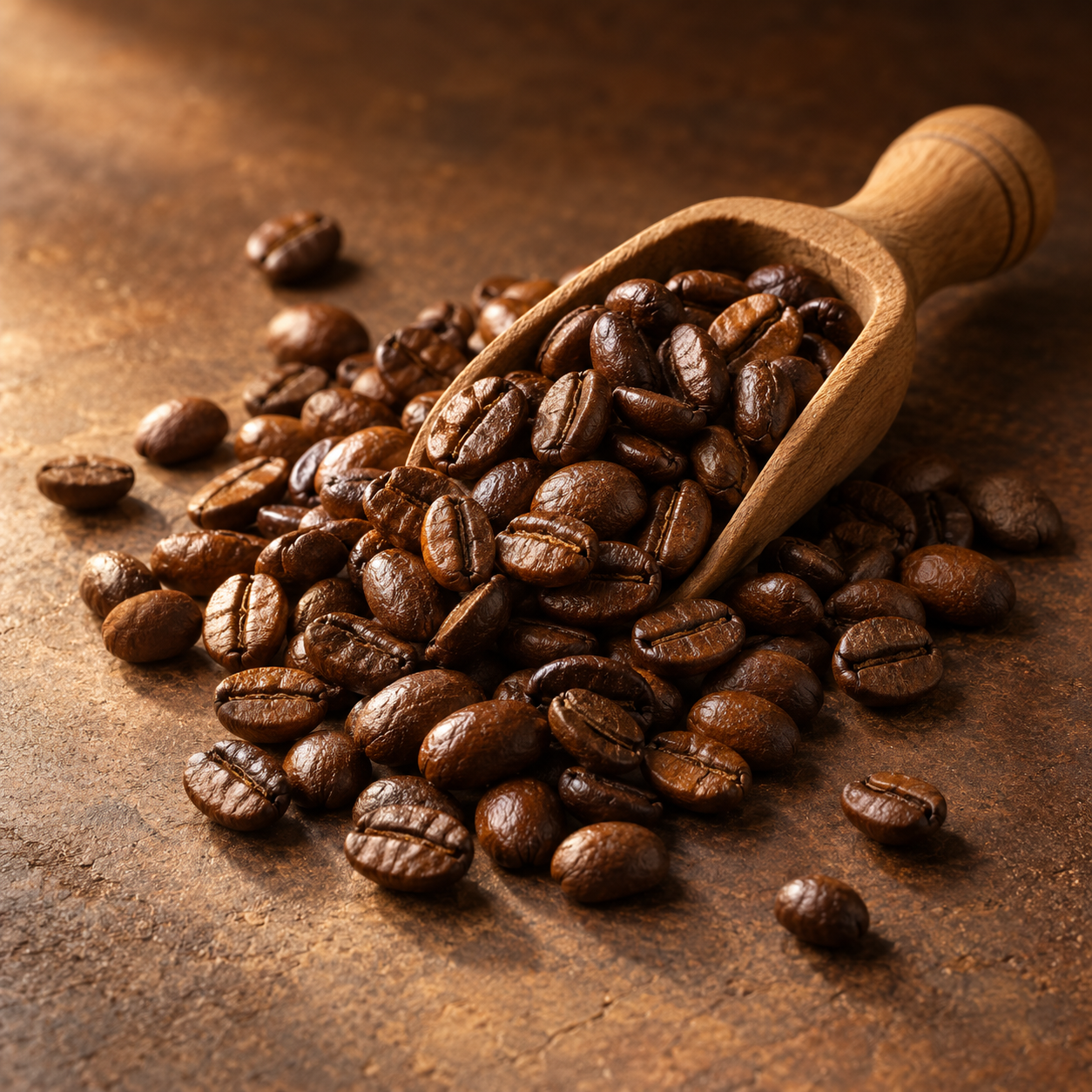 Roasted coffee beans in a wooden scoop